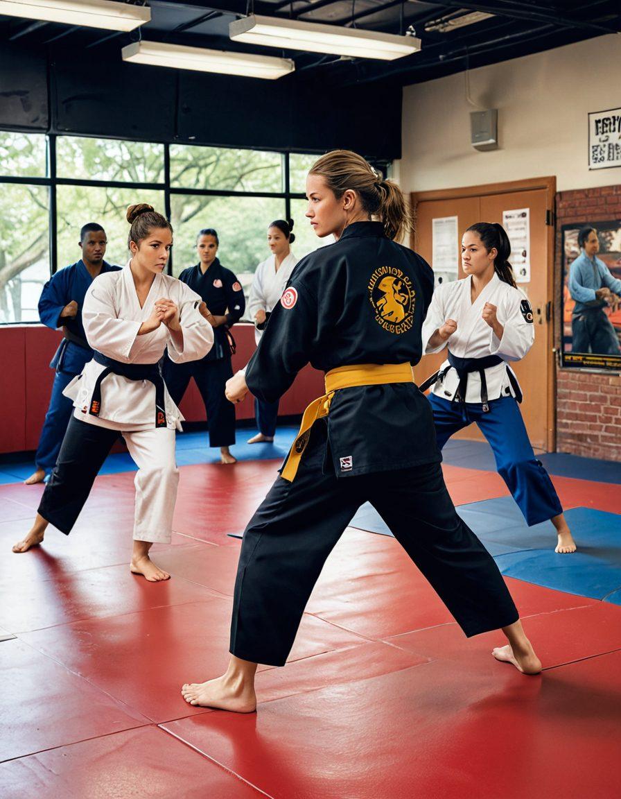 A dynamic scene showcasing a diverse group of individuals practicing self-defense techniques in an urban dojo setting, with a strong focus on confidence and empowerment. Include diverse backgrounds and ages, capturing expressions of determination and focus. Elements of personal safety gear like mats and pads should be visible, with motivational posters on the walls. Bright, bold colors should enhance the energy of the scene, conveying strength and resilience. super-realistic. vibrant colors. detailed background.