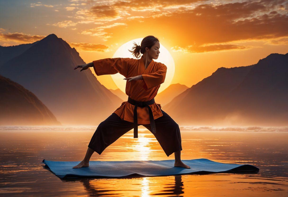 A powerful figure in a dynamic martial arts pose, showcasing strength and agility against a dramatic backdrop of a sunrise over a serene dojo. Surround the figure with ethereal energy waves to symbolize inner power and focus. Include elements of fitness, like weights or a yoga mat, subtly integrated in the foreground. The color palette should evoke determination and energy, with warm oranges and deep blues. realistic. vibrant colors. martial arts theme.