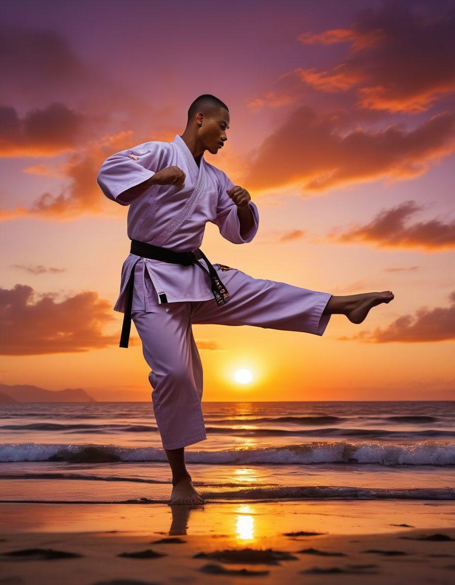 A determined martial artist practicing a dynamic kick against a sunset backdrop, symbolizing discipline and growth. Surround the figure with subtle silhouettes of various martial arts moves, representing strength and dedication. Include elements like a dojo in the background and floating motivational quotes in the air. Capture the spirit of transformation and resilience. vibrant colors. super-realistic.